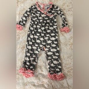 Kickee Pants Goose Print Kids Romper in Gray and Pink